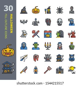Halloween 30 Color Flat Outline icons set.Icon design for web design,mobile application,website and graphic design.