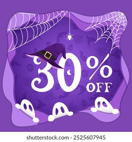 Halloween 30% oferta, treinta por ciento, sombrero de bruja, Elementos de Halloween sobre fondo púrpura, fantasmas, Web, arañas, estilo de corte de papel