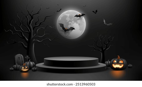 Halloween 3D black podium, Spooky trees and glowing pumpkins and bat flying, banner design on moon night black background, Eps 10 vector illustration