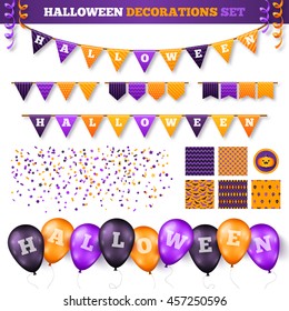 Halloween 3D Decorations Set Isolated on White. Vector Illustration. Flag Garland with Holiday Greetings. Balloons in Traditional Colors, Confetti and Serpentine, Seamless Patterns for Decor.