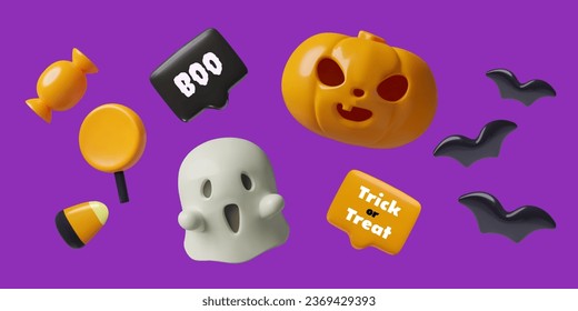 Conjunto de elementos 3D de Halloween. Fantasma asustado y calabaza, truco o trata dulces y murciélagos sobre fondo morado. Objetos vectoriales decorativos de juguete tridimensional mínimo para el diseño de vacaciones.