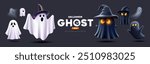 Halloween 3d Ghost Black and white color, colletions banner design on dark blue background, Eps 10 vector illustration