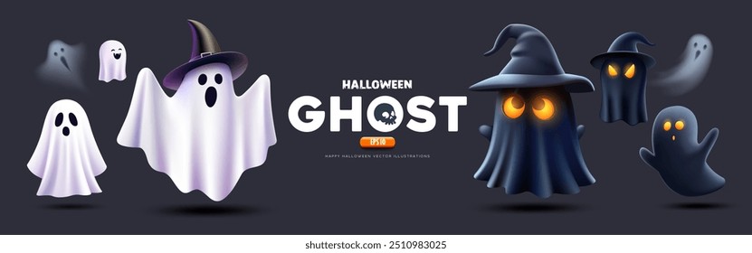 Halloween 3d Ghost Black and white color, colletions banner design on dark blue background, Eps 10 vector illustration