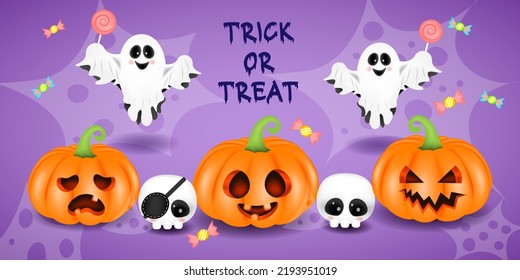 Halloween 3D ghost, pumpkin and skull with cute face and candy, vector illustration