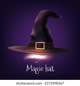 Halloween 3d illustration of a detailed, realistic spooky witch hat with magic light. Ideal for adding a touch of magic to your holiday decorations, costumes, and party themes. Not AI generated.