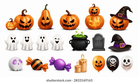 Halloween 3D Isolated Elements Collection with Pumpkins, Ghosts, Cauldron, Candles and Witch Hat