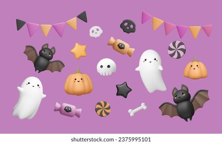 Halloween 3d plastic elements bundle. Cute ghost, various bat, pumpkin with kawaii face. Candy, skull and bunting elements. Vector realistic illustration. Funny characters collection