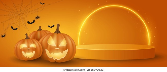 Halloween 3d podium with glowing arc to display your product. Cartoon pumpkin with evil smile and flying bats. Holiday 3d showcase scene. Vector illustration. EPS 10.