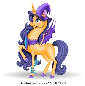 Halloween 3D Pony Unicorn with Big Eyes and Purple Wings, Hooves, Blue Snake, Isolated on White Background, Cartoon Character Hand Drawn Realistic Vector Illustration