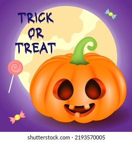 Halloween 3D pumpkin with cute face and candy, vector illustration