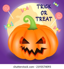 Halloween 3D pumpkin with cute face and candy, vector illustration