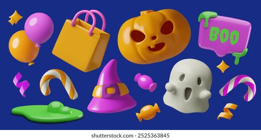 Halloween 3d pumpkin, ghost, witch hat and holiday shopping decorative elements collection. Trick or treat sale vector design set.