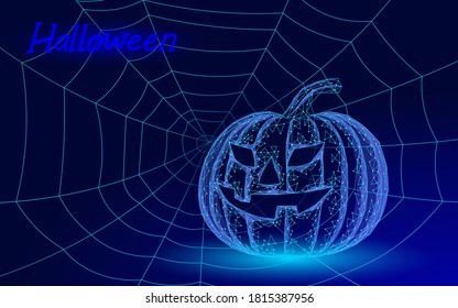 Halloween 3D pumpkin Jack bats and spider. Geek holiday party scary flyer. Low poly geometric polygon triangle design. Halloween creepy spooky card template vector illustration