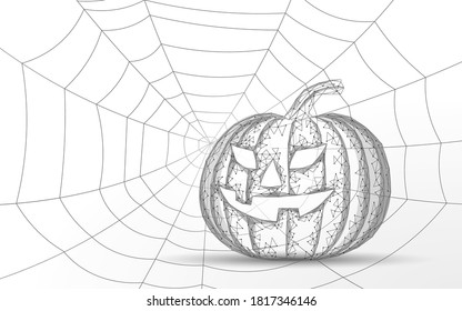 Calabaza 3D Jack murciélagos y araña de Halloween. Volante atemorizante de fiesta de feriado geek. Diseño de triángulo de polígono geométrico bajo. Halloween espeluznante plantilla de tarjeta espeluznante ilustración vectorial