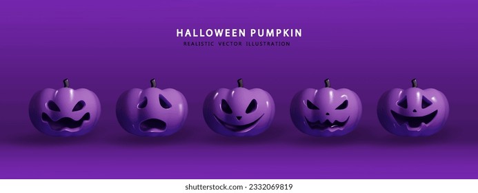 Halloween 3d purple glossy pumpkins set realistic. Realistic pumpkin with different emotions for holiday isolated.