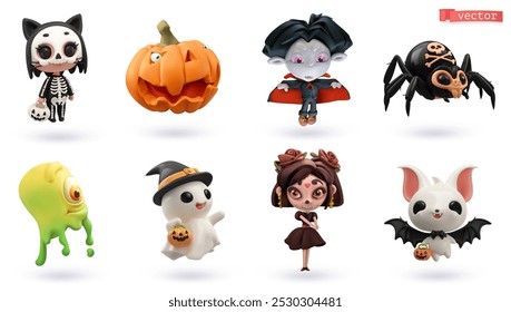 Halloween 3d render vector icon set. Cat, pumpkin, vampire, spider, slime, ghost, girl, bat