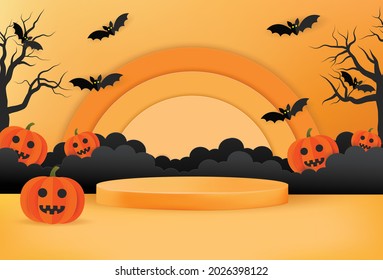 Halloween 3D rendering background vector illustration in paper cut style. Halloween orange banner with pumpkins, bats, podium, clouds and  creepy trees.