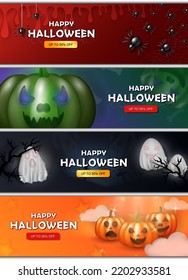 Halloween 3d Sale Posters - Red Banner With Flowing Blood And Spider, Purple Background With Zombie Pumpkins And Bones, Dark Wallpaper With Ghosts And Graveyard, Orange Backdrop With Jack-o-lanterns