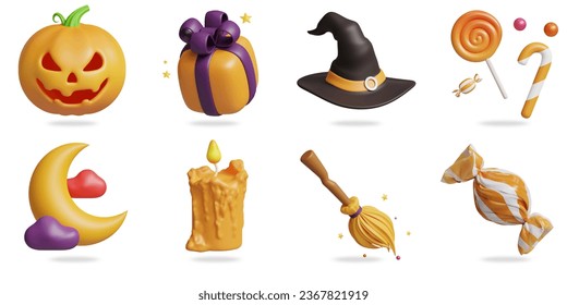 Halloween 3D vector icon set.
halloween pumpkin,gift box,witch hat,candy,moon and clouds,magic broom