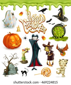 Halloween 3d vector icons. Pumpkin, ghost, spider, witch, vampire, candy corn. Set of cartoon characters and objects