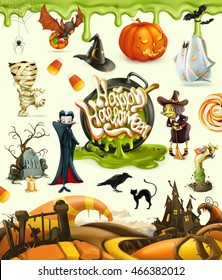 Halloween 3d vector icons. Set of cartoon characters and objects