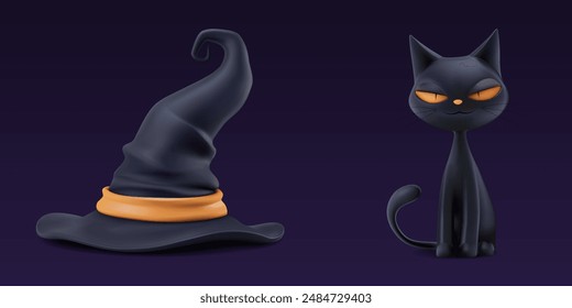 Halloween 3d witch cat and hat. Vector black cartoon character, funny traditional kitty as evil night symbol. Glowing eyes as holiday festival devil bad omen elements. Devil pointy wizard purple cap