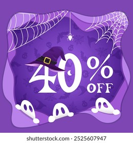 Halloween 40 % offer, forty percent, witch hat, Halloween elements on purple background, ghosts, webs, spiders, paper cut style