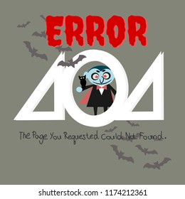 Halloween 404 error template background. Cute vampire and bats on grey color backgrround.