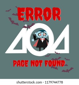 Halloween 404 error template background. Cute vampire and bats on grey color backgrround.