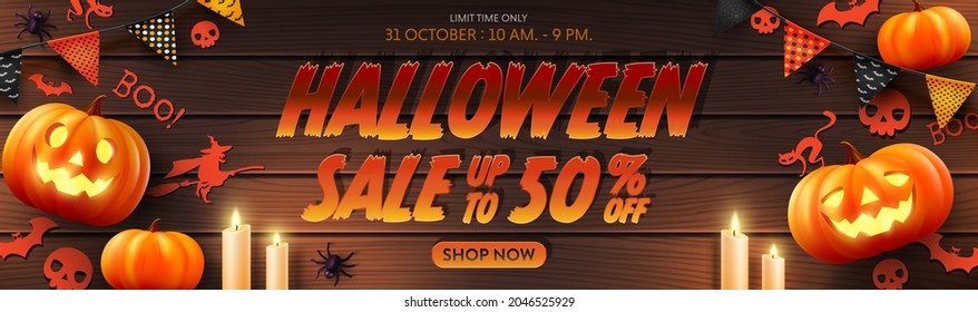 Halloween 50% off Sale Promotion Poster or banner with Halloween Pumpkin on wood texture background.Website spooky,Background or banner Halloween template.Vector illustration eps 10