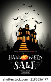 Halloween 50% off Sale Promotion Poster or banner with Halloween Pumpkin and haunted castle, bats,grave. on white background. Vector illustration