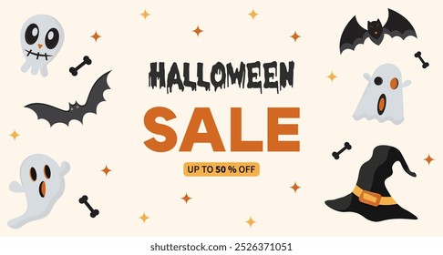 Halloween up to 50% sale banner,poster with bones,ghosts,bats,hat and scull isolated on light background.Happy Haloween vector design