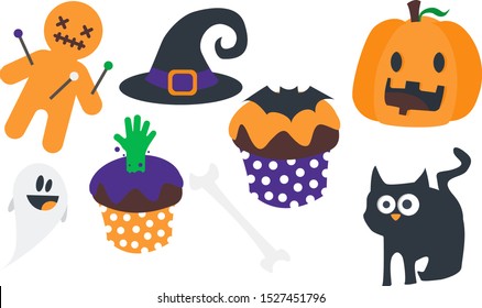 Halloween 8 icons set: pumpkin, cat, muffins, ghost, witch hat and voodoo doll