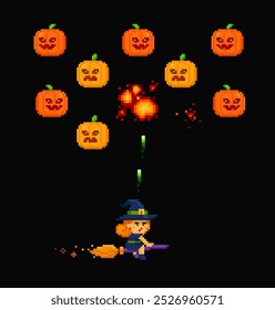 Halloween 8-bit juego retro con bruja vs calabazas invasores. Antiguas Video estilo Halloween estilo póster del juego. Pixelated Space arcade Festiva edition shooter Vector Plantilla