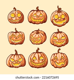 Calabaza Halloween 9. cara de jack-o-lantern. conjunto de iconos de calabaza. Diseñar elementos para el día de Halloween.