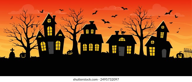 Halloween abandoned town, building silhouettes, danger pumpkins and flying bats at sunset sky vector background. Halloween trick or treat holiday spooky street with horror houses, creepy cemetery, cat