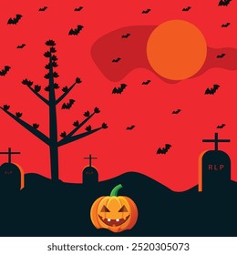 Halloween abandoned town, building silhouettes, danger pumpkins and flying bats at sunset sky vector background