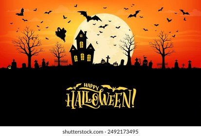 Halloween abandoned town house and scary cemetery silhouette with flying bats and ghost. Vector Halloween holiday trick or treat night haunted house, pumpkin monsters and cat with moon on background