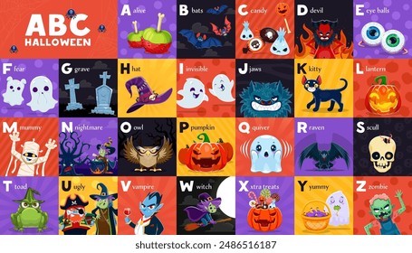 Halloween ABC, kids type or holiday alphabet for study with boo characters, vector table. Alphabet learn education letters with funny Halloween ghosts, witch and vampire, zombie and cat or spiderweb