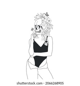 Halloween Abstract Art. Trendy Linear Minimalistic Female Figure With Skull, Flowers, Butterflies. Abstract Vector Illustration Of The Woman Body. Design Idea For Tattoo, Card, Poster, Logo. 
