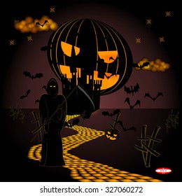 halloween abstract background with angel of death with castle with pumpkin with cross with black bats with moon with moon track. vector illustration