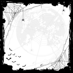 Halloween Abstract Background With Moon, Black Spiders And Bats, Illustration.