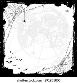 Halloween abstract background with Moon, black spiders and bats, illustration.