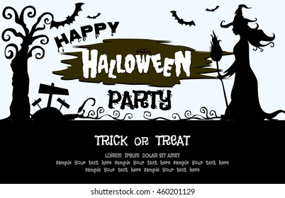 Halloween abstract background with Moon, black spiders and bats, illustration.