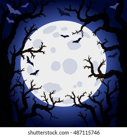 Halloween abstract background with moon and scary tree brushes. Spooky forest with dead trees. Vector