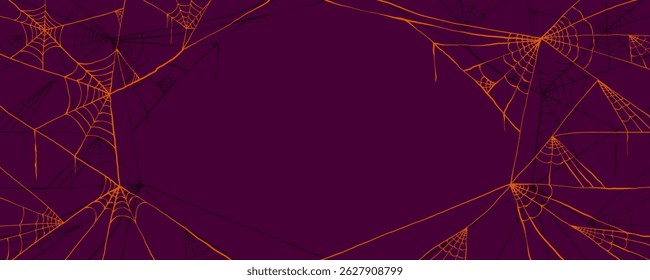 Halloween Abstract Banner with Outline Scary Spider Web Frame in Hand Drawn Style. Doodle arachnid web perfect for cards, party invitations, web