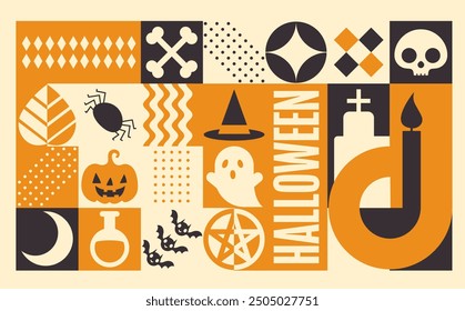 Halloween Abstract Geometric Bauhaus design background. Happy Halloween greeting card, poster. Vector horizontal banner. Modern Holiday ornament, minimal Scandinavian retro shapes pumpkin, bat, ghost