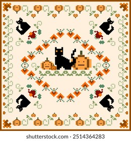 Halloween abstract geometric pumpkin, black cat, flower texture elements embroidery design for fabric, clothing, greeting card, poster, postcard, scarf, ceramic, decoration, wallpaper, background