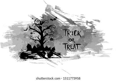 Halloween abstract grunge background. Spooky tree with "Trick or treat" handwritten lettering. Halloween holiday concept illustration. Gray and black colored.
