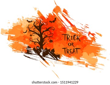 Halloween abstract grunge background. Spooky tree with "Trick or treat" handwritten lettering. Halloween holiday concept illustration. Orange colored.